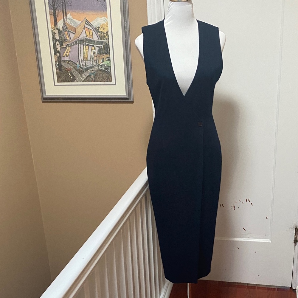 DKNY Elegant Navy Sleeveless Midi Wrap Dress